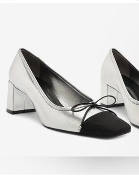 Schutz | Arissa Cap Toe Mid Block Heel Pumps Bow Metallic Silver Size 7
